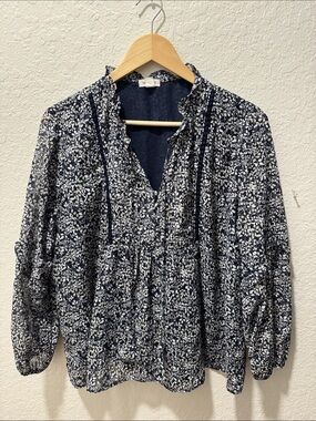 Women's Navy Floral Pintuck Ruffle Blouse